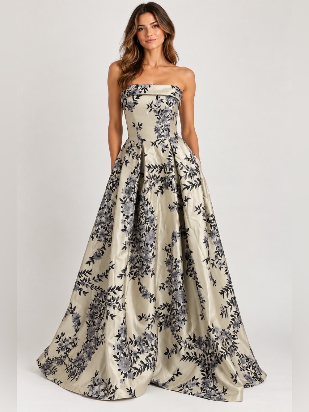 Strapless Floral Jacquard Corset Lace-Up Back Ball Gown Maxi Dress XL 12/14